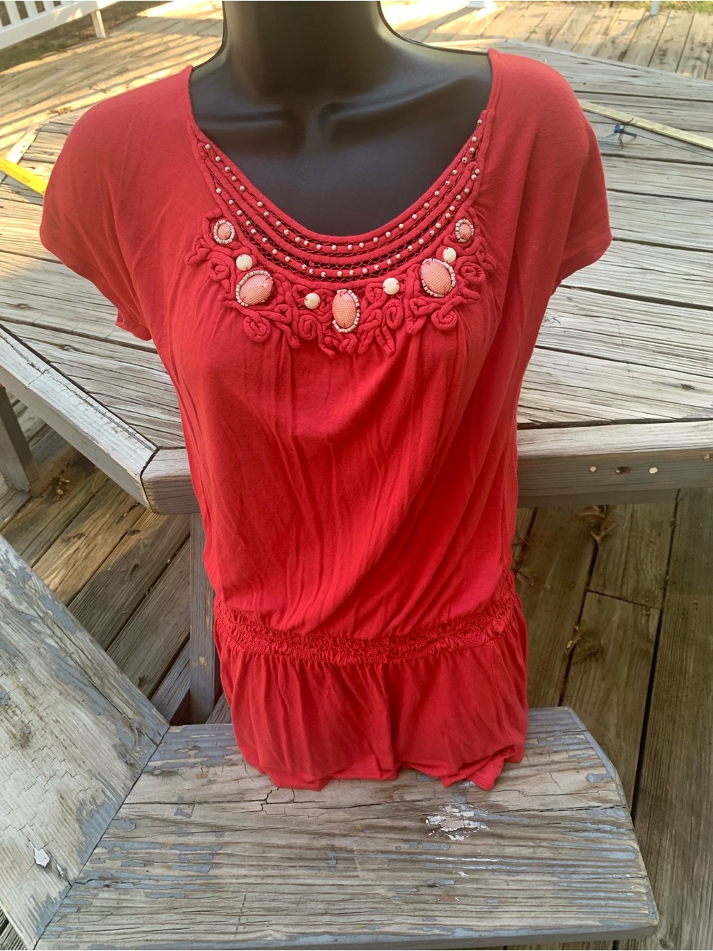 Y2K Boho Embellished Drop Waist Blouson Top Coral Red S Chelsea & Violet